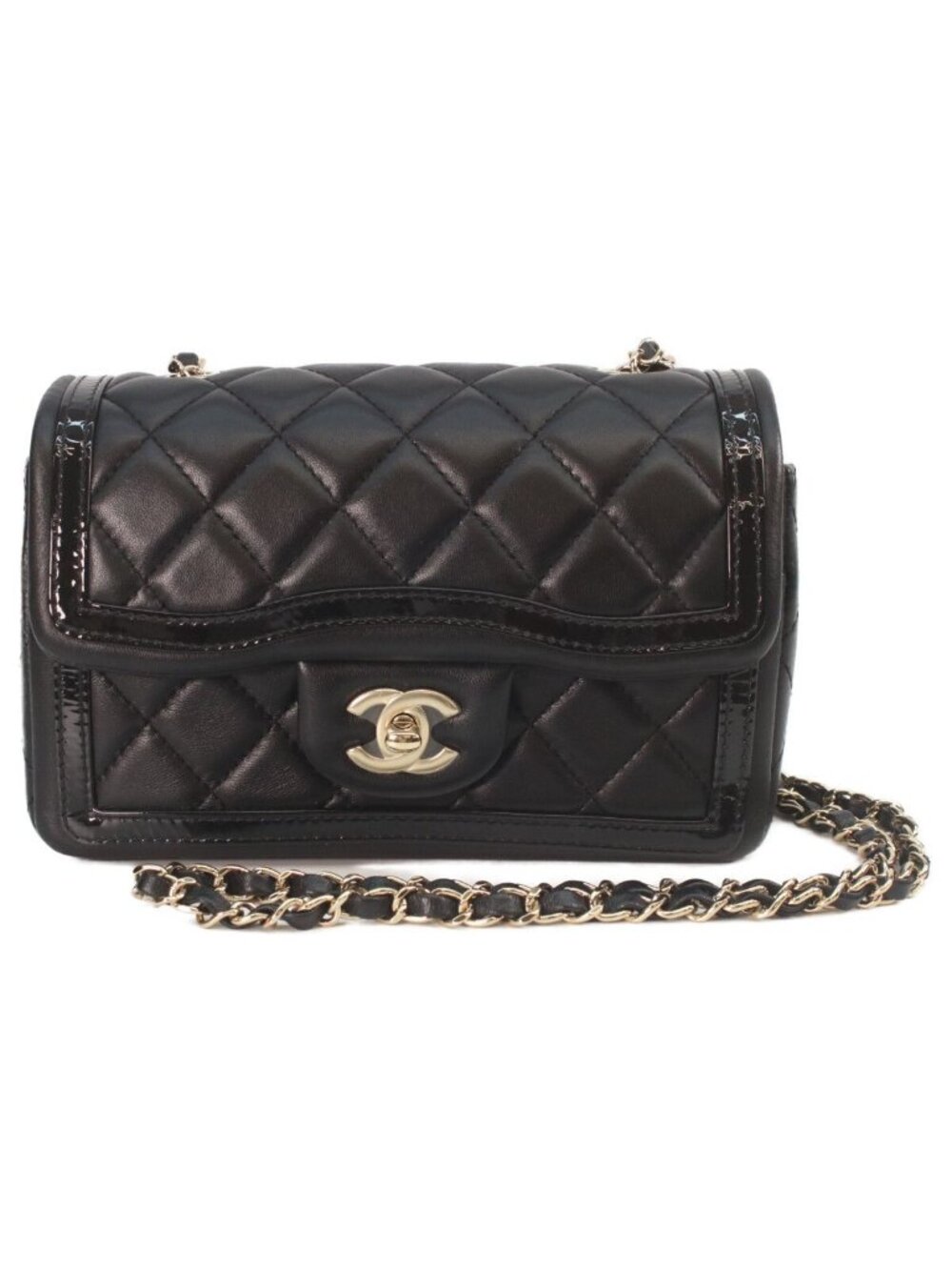 Chanel Quilted 20 Black Lambskin Patent Gold Single Flap Bag